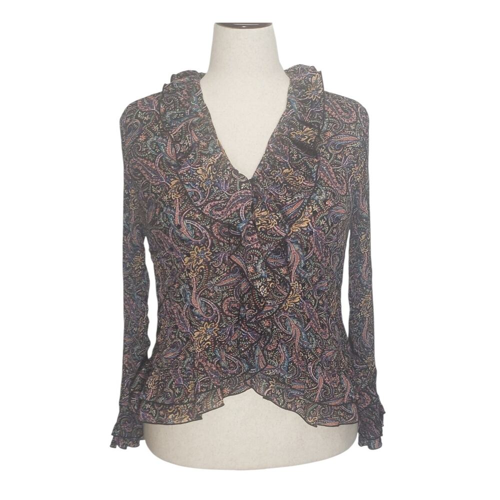 Fairycore Sheer Paisley Ruffle Blouse Vintage Boho Peasant Top Medium